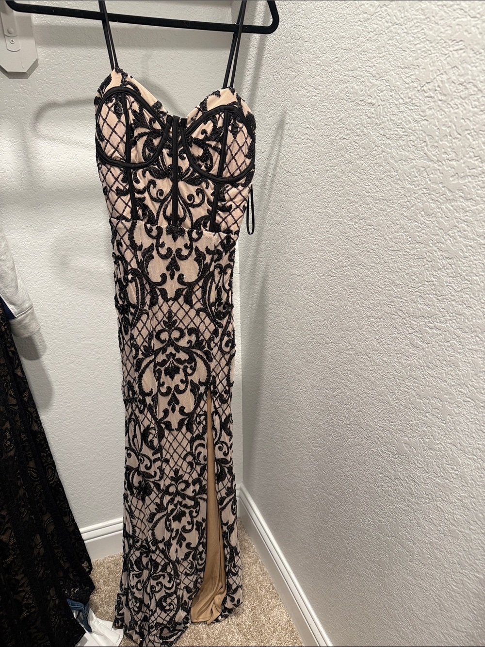 Windsor Black Lace Overlay on Nude Prom Gown
